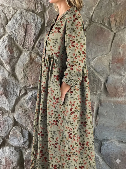 Women’s Retro Floral Shirt Dress with Pockets