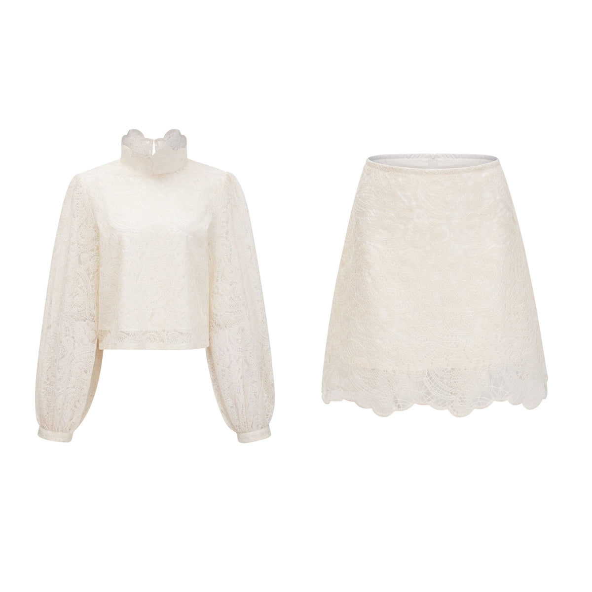 Eulalie Cream White Lace Blouse & Skirt Set