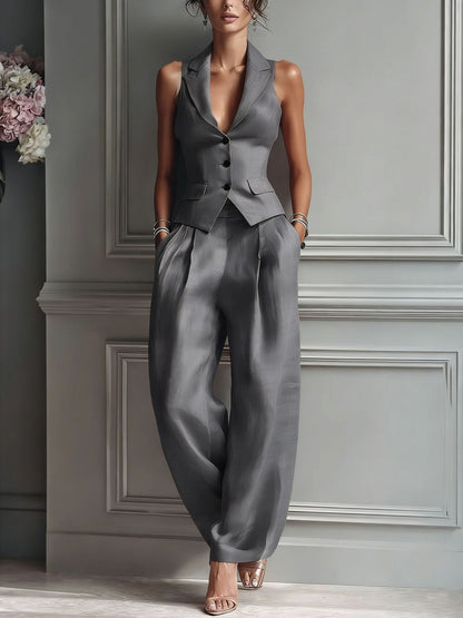 Women's Two-Piece Suit with V-Neck and Buttons