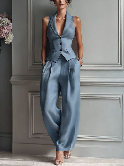 Women's Two-Piece Suit with V-Neck and Buttons