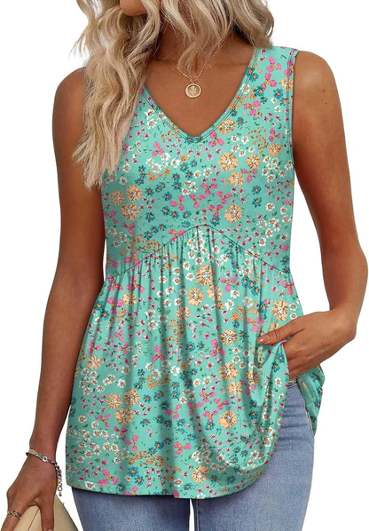Mary™ | Peplum V-Neck Printed Tank Top