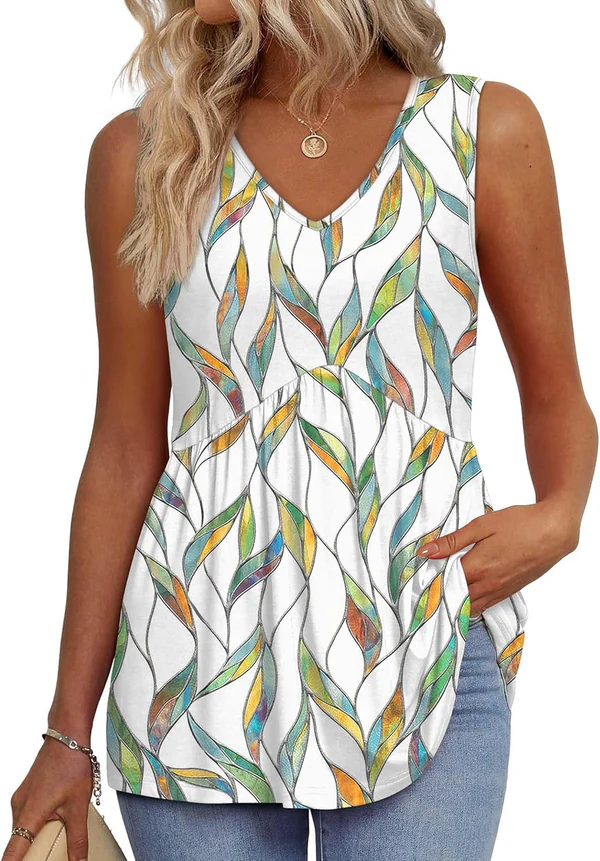Mary™ | Peplum V-Neck Printed Tank Top