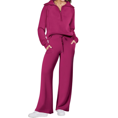 Reverie - Cozy Zip-Up Wide Leg Sweatsuit Set