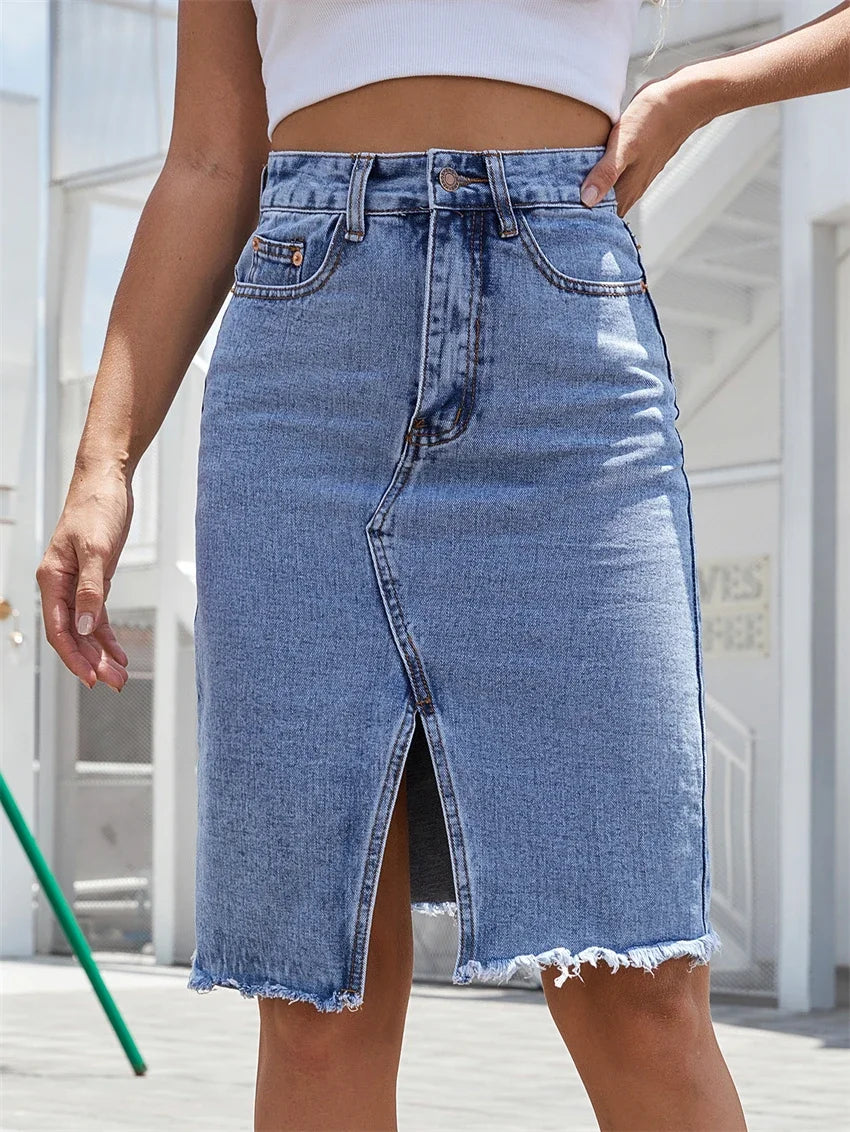 GISELE™ – Casual Slit Midi Denim Skirt