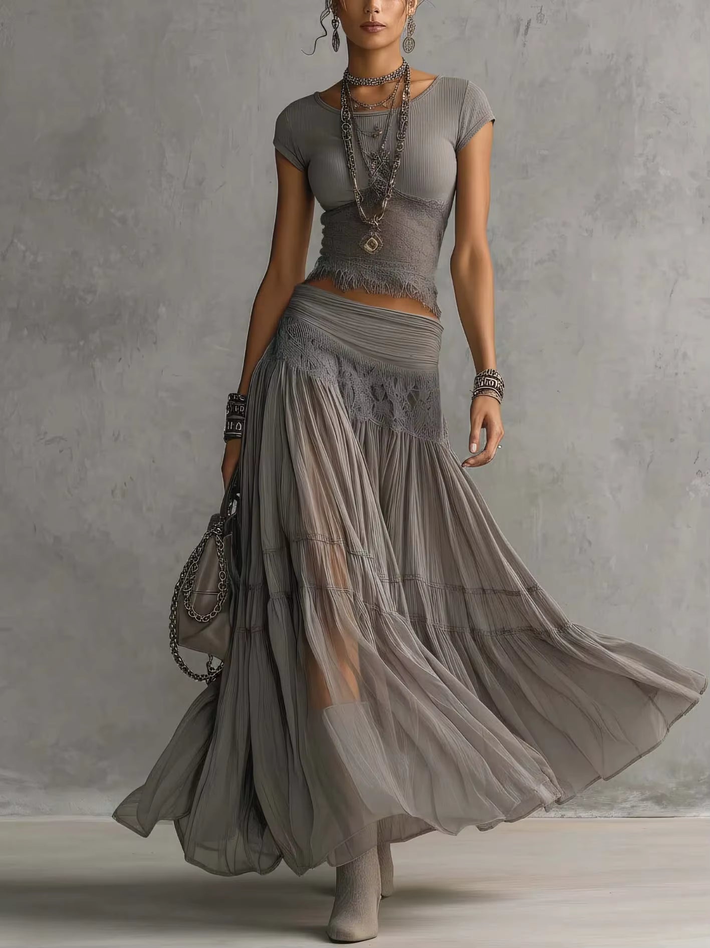 Liliana – Lace Top and Pleated Maxi Skirt Set