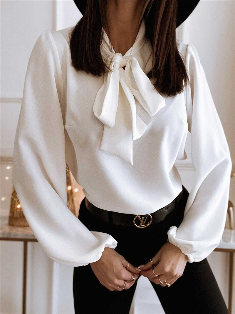 Women's Bow Tie Blouse - High Neck & Long Sleeve for Work