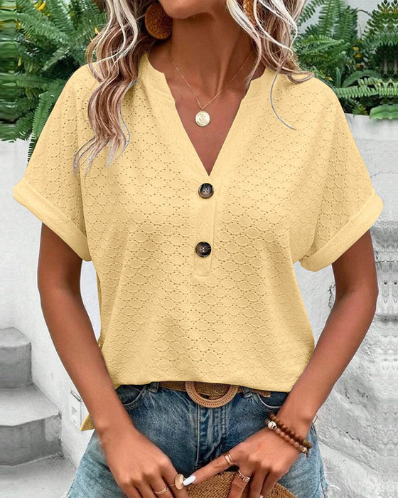 Women's V-Neck Button-Up Blouse - Short Sleeve Textured Casual