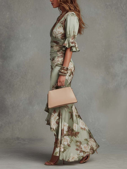 Anastasia | Asymmetrical Long Green Satin Dress