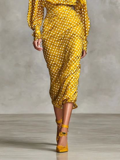 Vintage Satin Polka Dot Print Shirt And Skirt Two-Piece Set