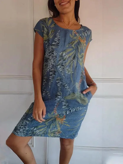 Women’s Cotton Linen Printed Summer Dress with Pockets
