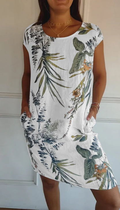 Women’s Cotton Linen Printed Summer Dress with Pockets