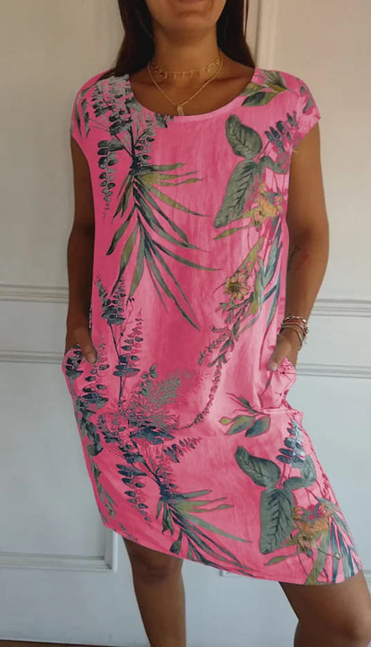 Women’s Cotton Linen Printed Summer Dress with Pockets