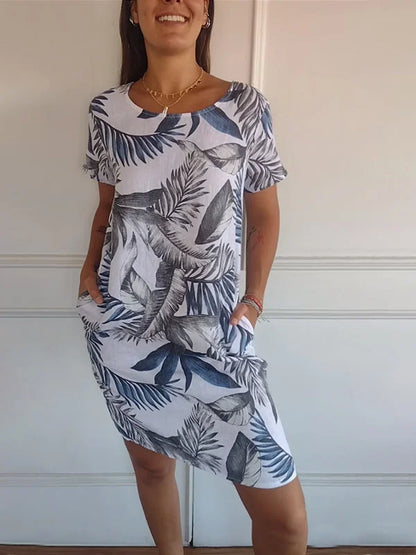 Women’s Cotton Linen Printed Summer Dress with Pockets