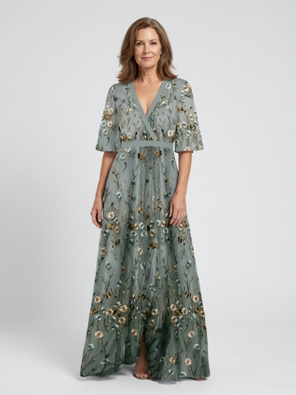 Evade | Floral V Neck Short Sleeve Maxi Dress