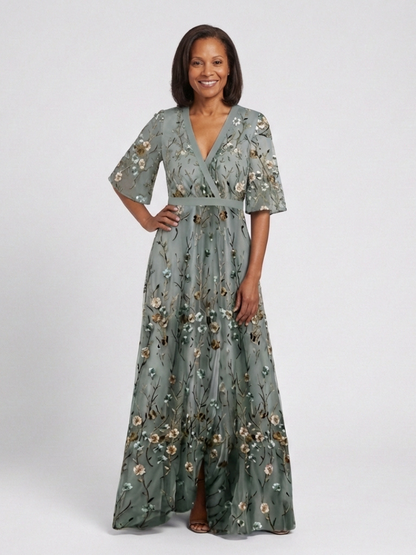 Evade | Floral V Neck Short Sleeve Maxi Dress