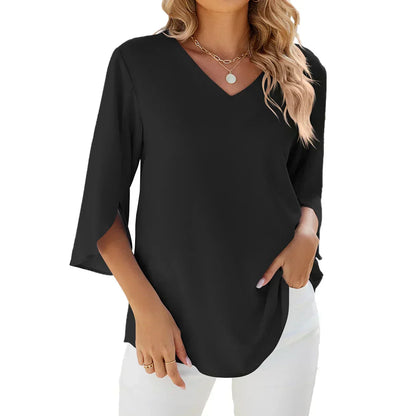 Women's 3/4 Sleeve V-Neck Blouse - Comfortable Summer Top