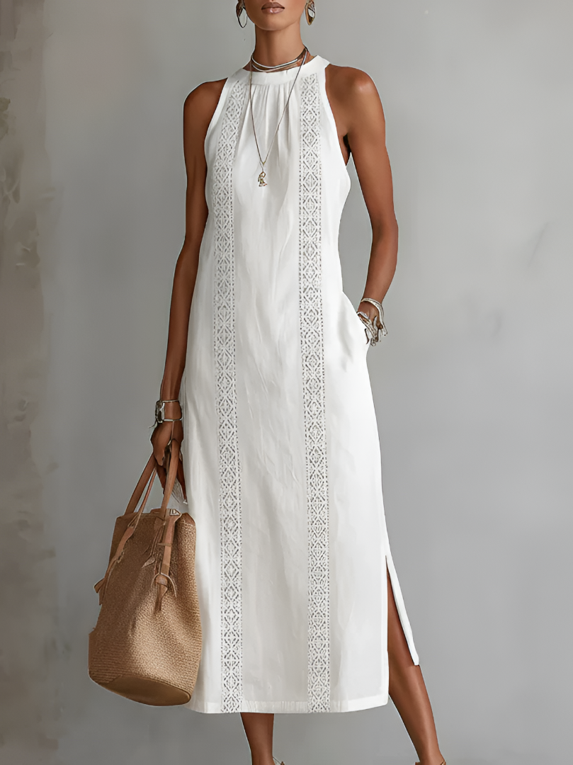 Jimena | Cotton Linen Midi Dress With a Mandarin Collar