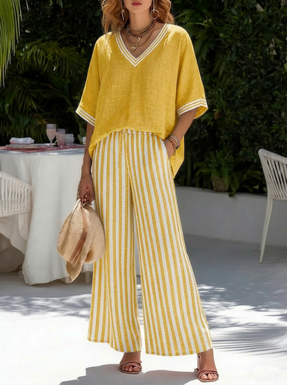 Amélia | Elegant Casual Striped Linen Cotton Set