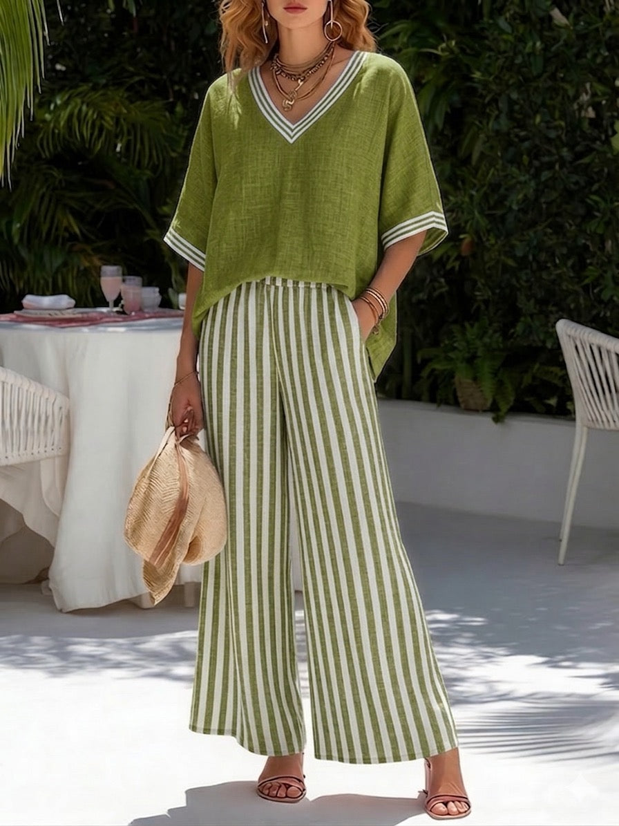 Amélia | Elegant Casual Striped Linen Cotton Set