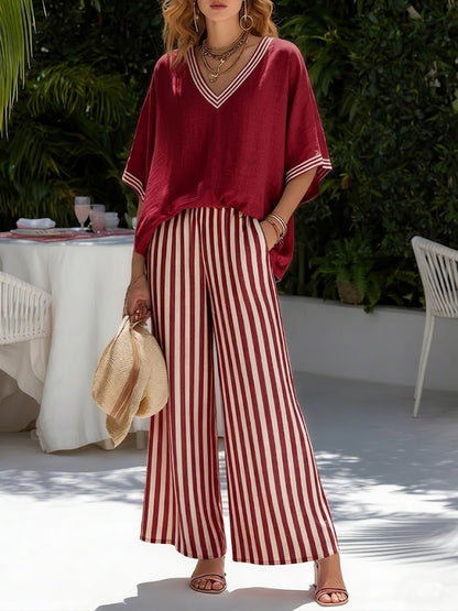 Amélia | Elegant Casual Striped Linen Cotton Set