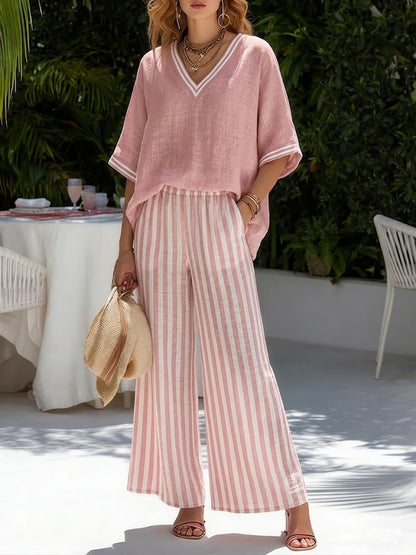 Amélia | Elegant Casual Striped Linen Cotton Set