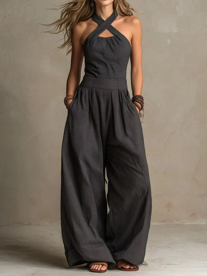 Bianca | Linen and Cotton Jumpsuit with Elegant Crossed Neckline