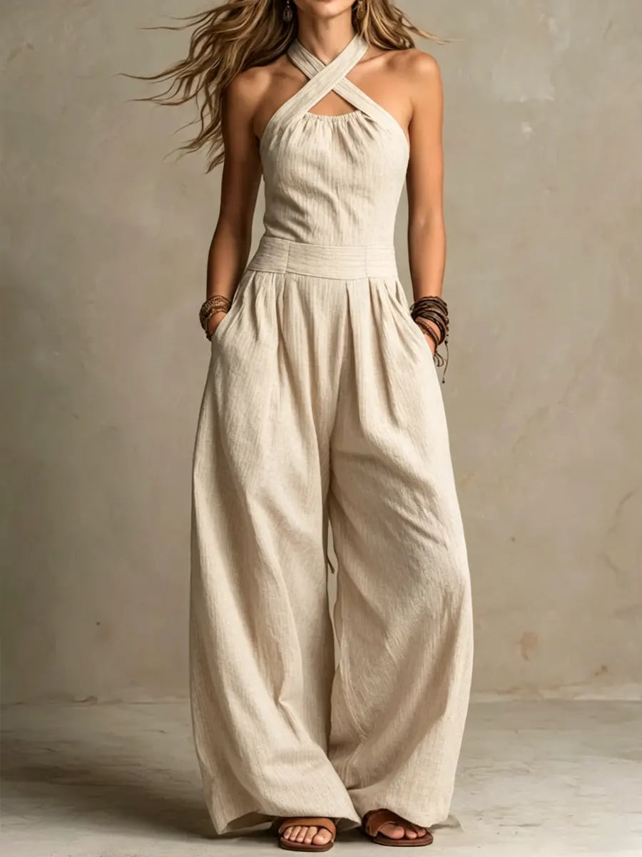 Bianca | Linen and Cotton Jumpsuit with Elegant Crossed Neckline