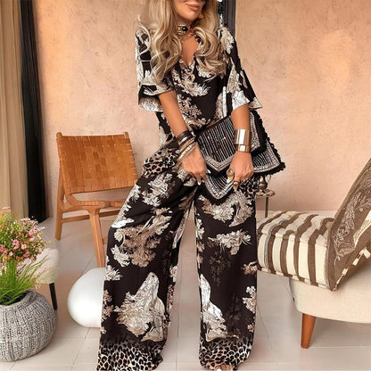 Camille | Printed V-Neck Top & Trouser Set