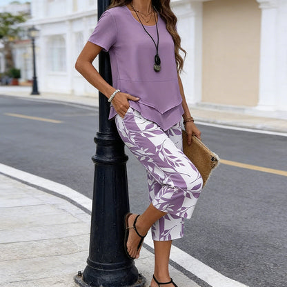Mollie - Asymmetrical Layered Casual Two-Piece Set with Printed Trousers